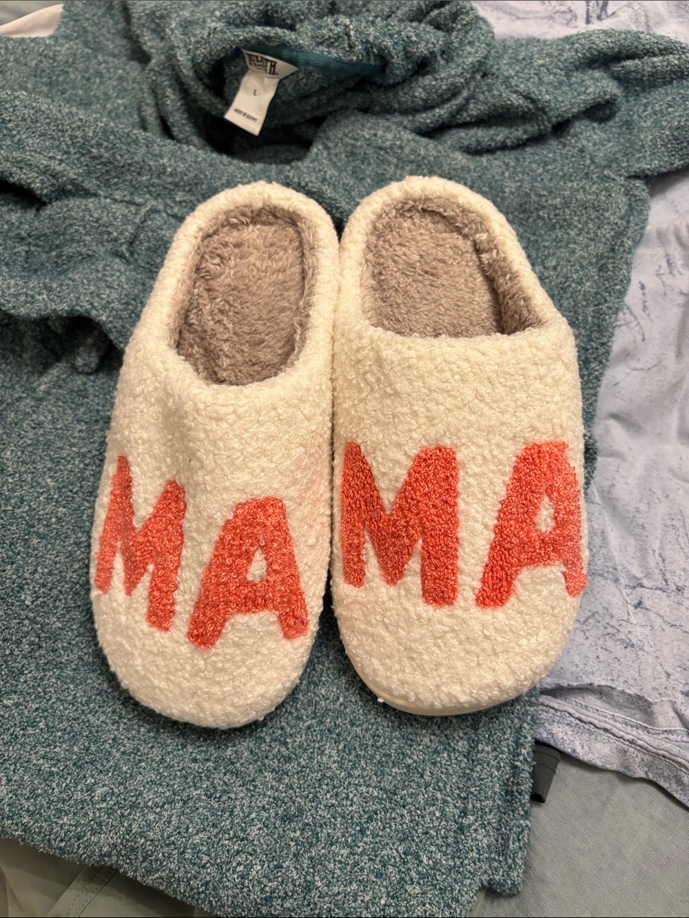 Cozy 'MAMA' Cream Slippers with Coral Lettering